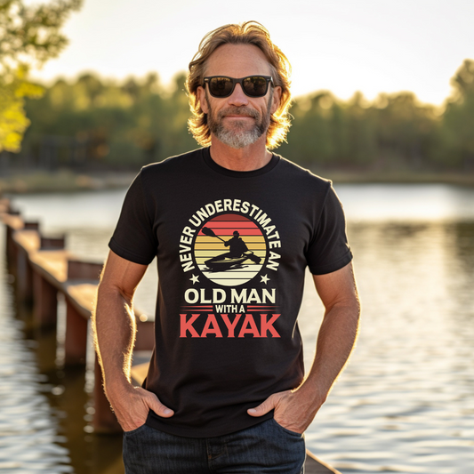 Never Underestimate An Old Man With A Kayak Graphic Tee Mens T-shirt Tea Shirt Shoppe