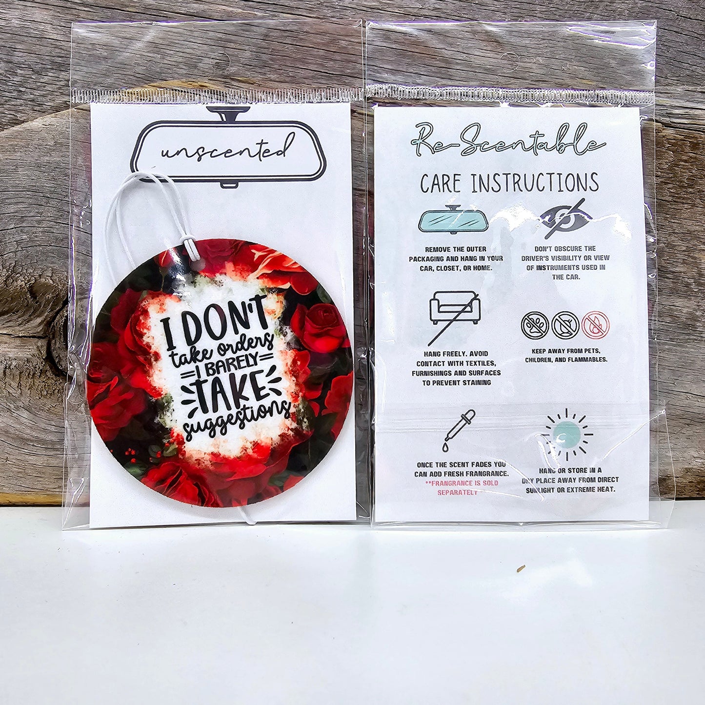 Red Roses I Don't Take Orders Re-Scentable Car Freshener car freshie Tea Shirt Shoppe Unscented