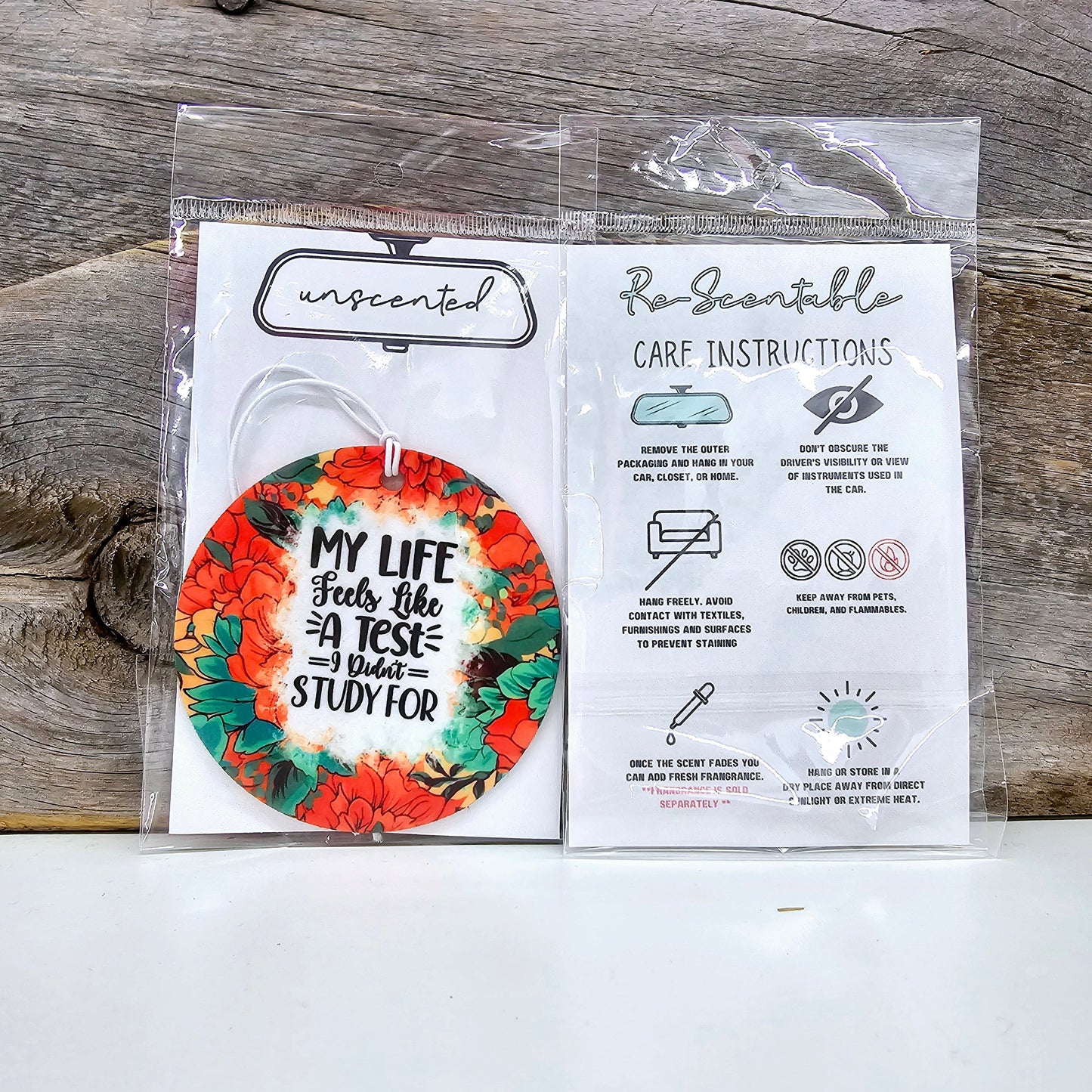 Life Feels Like A Test Re-Scentable Car Freshener car freshie Tea Shirt Shoppe Unscented