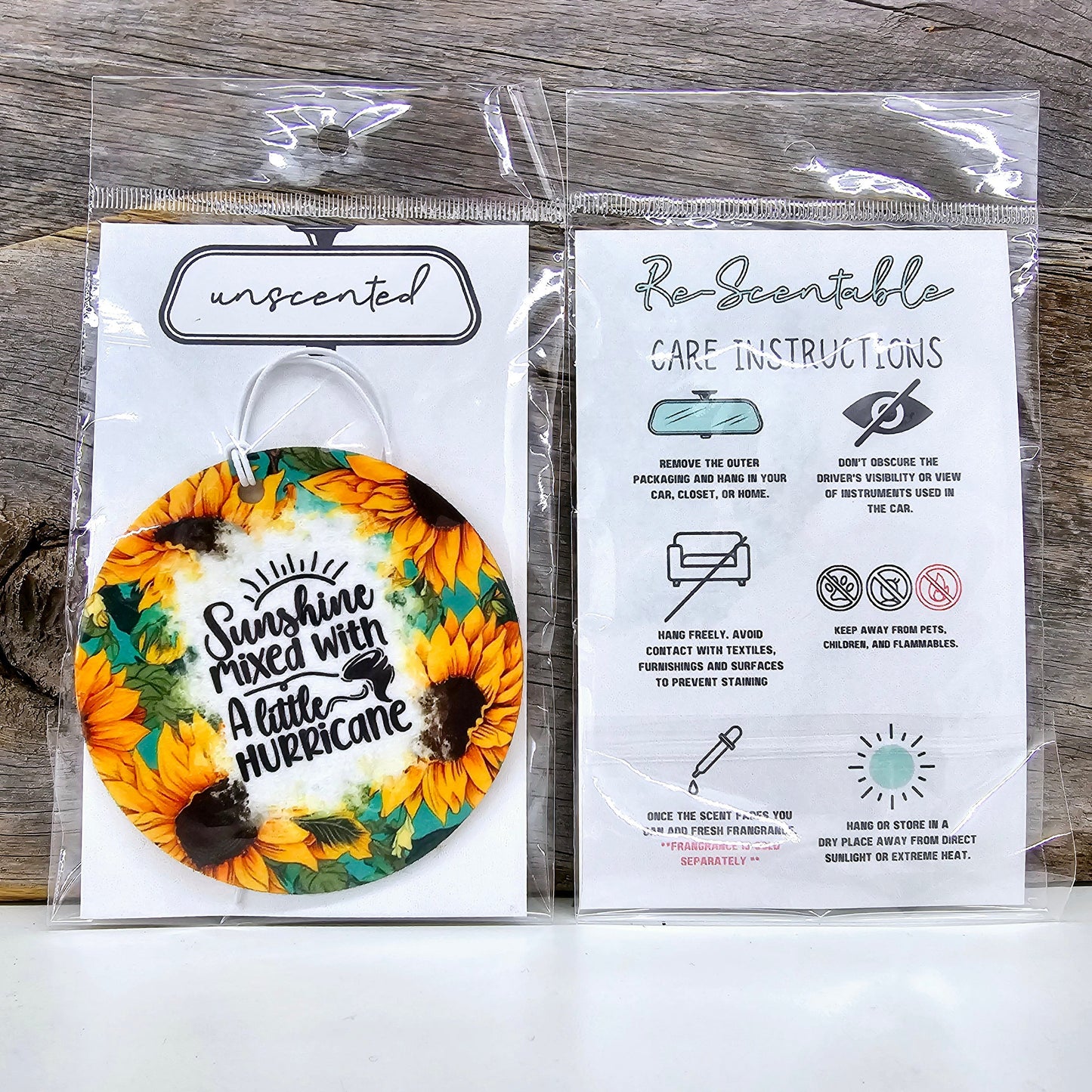Sunshine Mixed With A Little Hurricane Re-Scentable Car Freshener car freshie Tea Shirt Shoppe Unscented