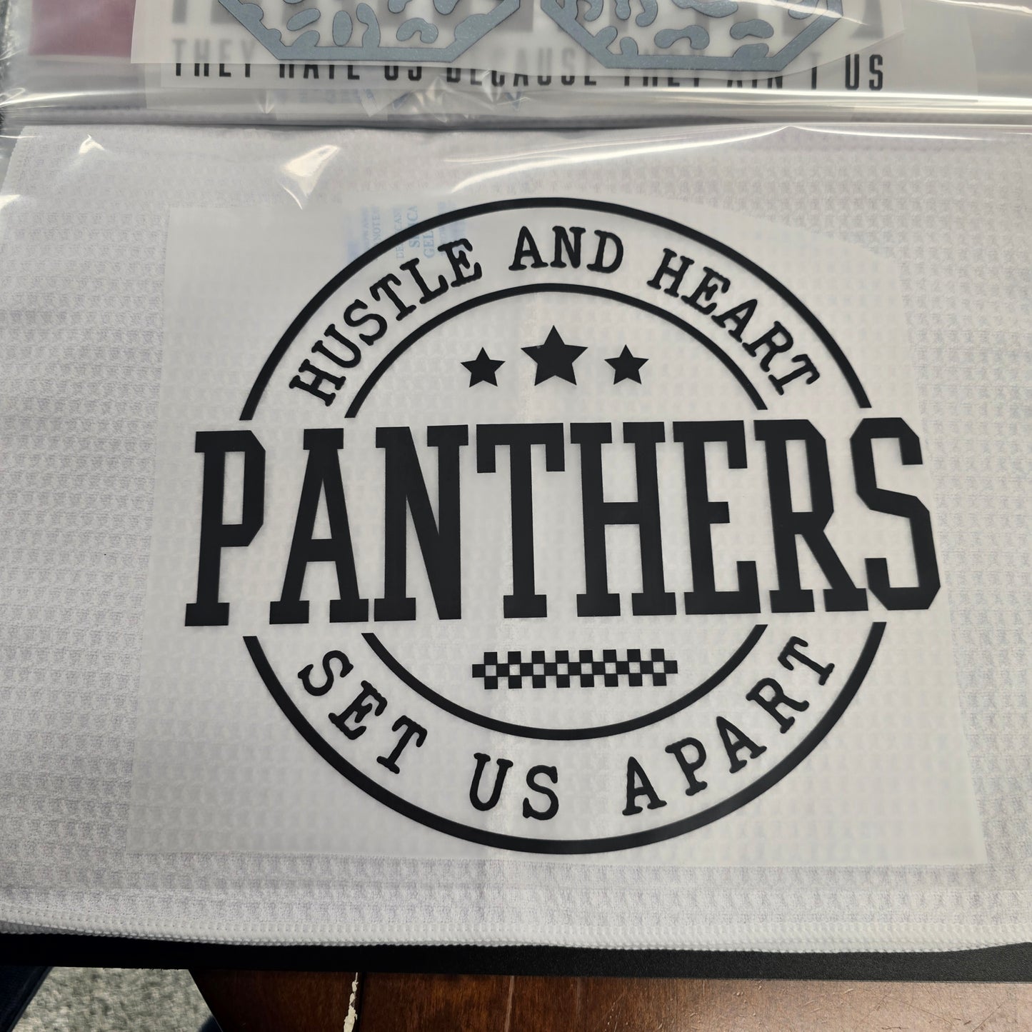 Hustle & Heart Panthers Custom Full Color Ready For Press DTF Print Transfer, Direct To Film