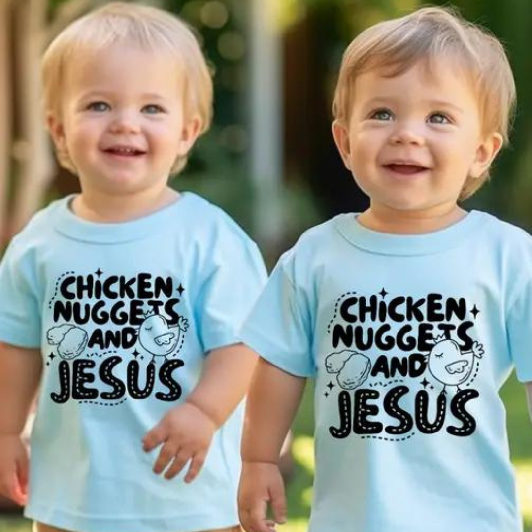 Chicken Nuggets and Jesus Hot Peel Custom Full Color Ready For Press DTF Print Transfer, Direct To Film DTF Tea-Shirt Shoppe