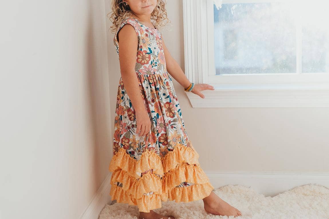 Kids Retro Butter Floral 3 Ruffle Spring Summer Easter Dress Adorable Sweetness 3/4