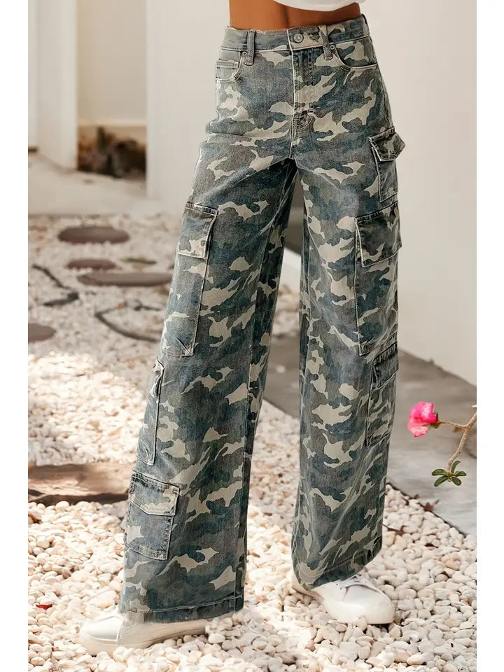 Camo Denim Cargo Wide Leg Pants