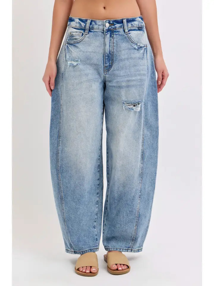 Mid-Waisted Barrel Jeans with Side Panels