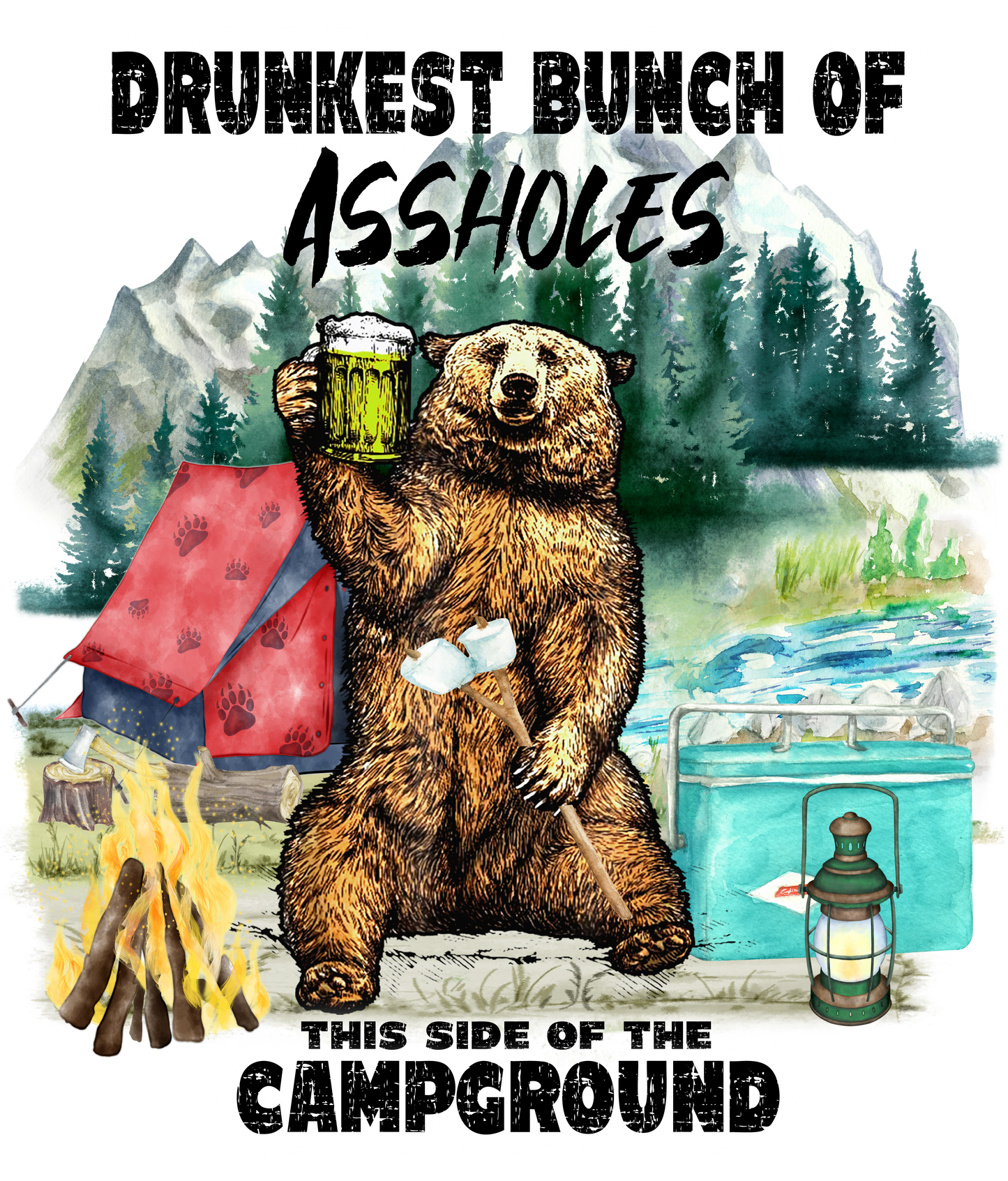 Drunkest Bunch at the Campground Hot Peel Custom Full Color Ready For Press DTF Print Transfer, Direct To Film Tea-Shirt Shoppe