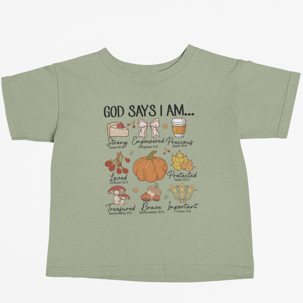 God Says I Am - Fall Edition Youth & Toddler Graphic Tee Youth Graphic Tee Tea Shirt Shoppe 2T Sage