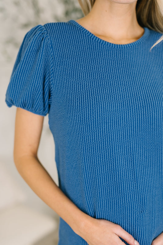Grace & Virtue balloon sleeve blouse in ocean blue cable ribbed knit – alternate view 2