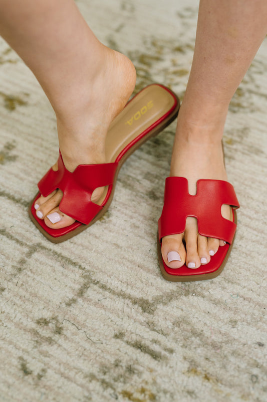 Knit Square Toe Slip on Sandal in Red – durable PU leather with sleek rubber button detail – alternate view 2