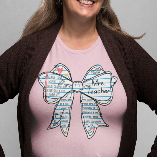 Mrs. Teacher Bow Graphic Tee T-shirt Tea Shirt Shoppe S Light Pink