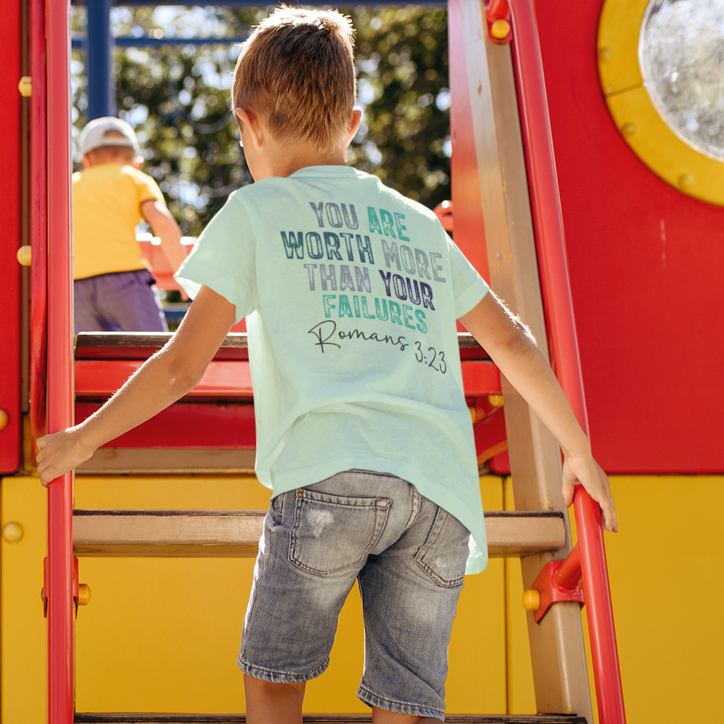 Romoan 3:23 - Worth More Youth & Toddler Graphic Tee Youth Graphic Tee Tea Shirt Shoppe 2T Mint Green