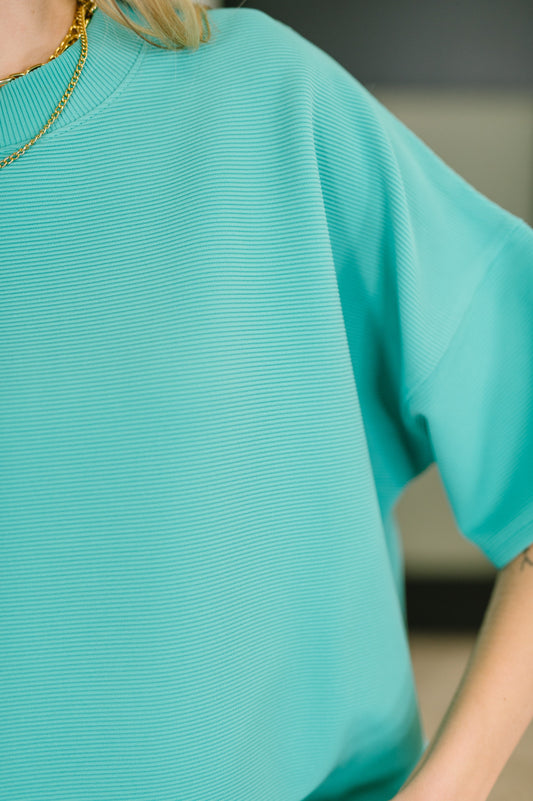 Sense of Clarity boxy top in turquoise ribbed knit – alternate view 2