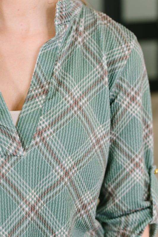 So It Goes Split Neck Plaid Top in ribbed knit – alternate view 2