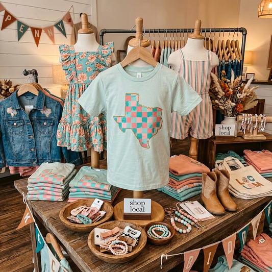 Children's clothing and accessories displayed on mannequins and a table in a store.