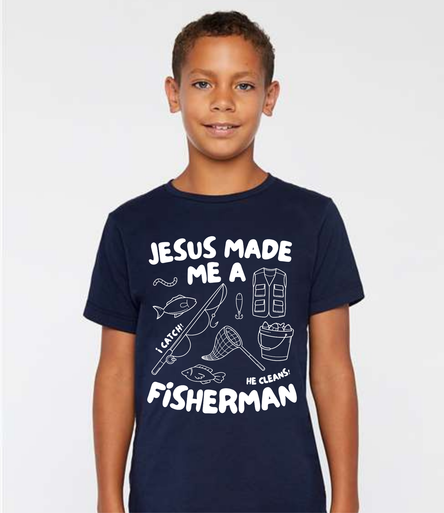 Jesus Made Me A Fisherman Toddler Youth Graphic Tee Tea Shirt Shoppe YS Navy
