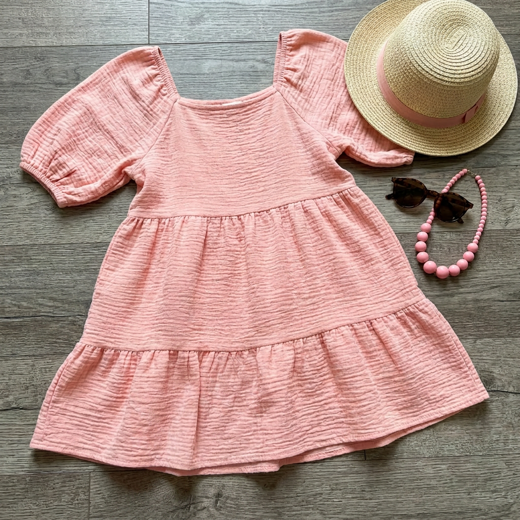 Pink dress with a straw hat, sunglasses, and pink necklace on a wooden surface