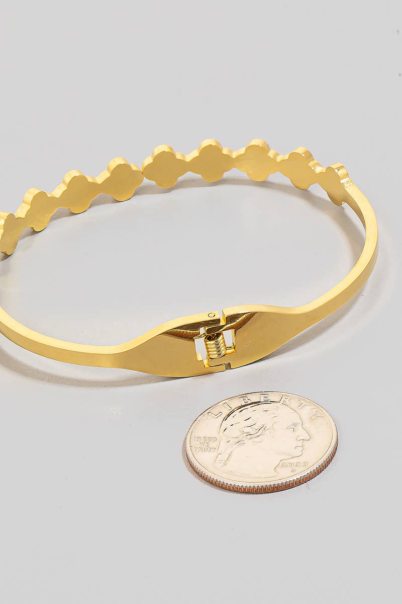 Stainless Steel Shell And Pave Clovers Hinge Bangle Bracelet Bracelet The Looks by Fame Accessories