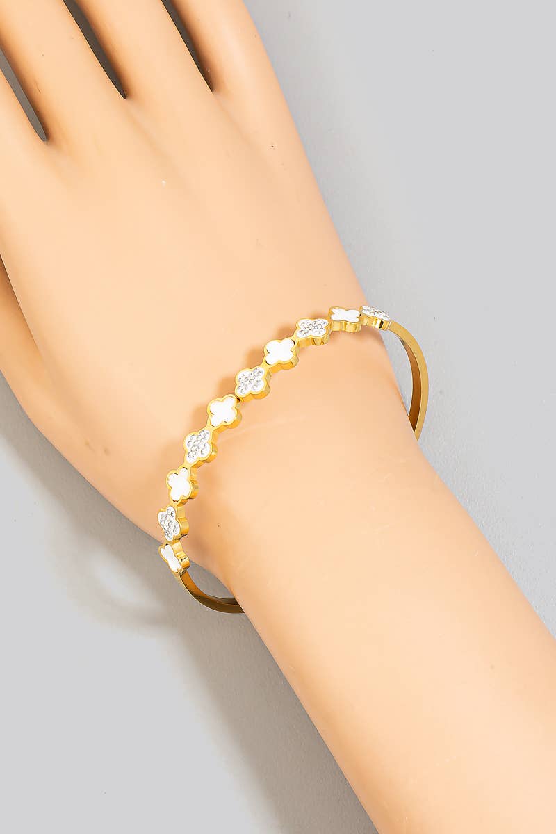 Stainless Steel Shell And Pave Clovers Hinge Bangle Bracelet Bracelet The Looks by Fame Accessories