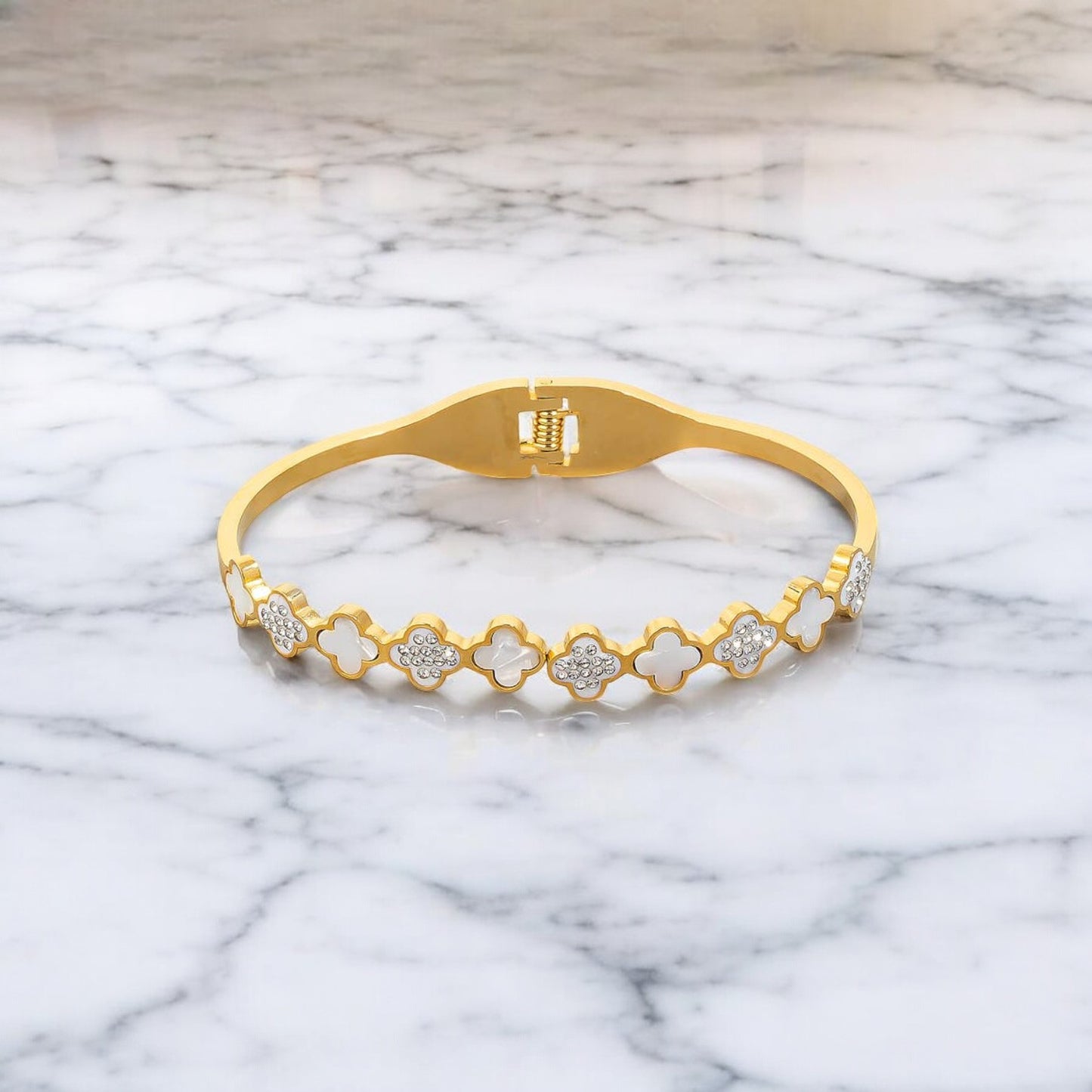 Stainless Steel Shell And Pave Clovers Hinge Bangle Bracelet Bracelet The Looks by Fame Accessories