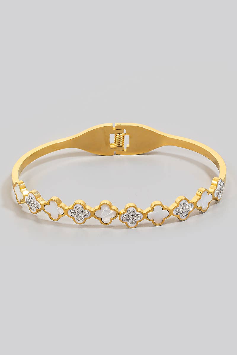 Stainless Steel Shell And Pave Clovers Hinge Bangle Bracelet Bracelet The Looks by Fame Accessories SGCM