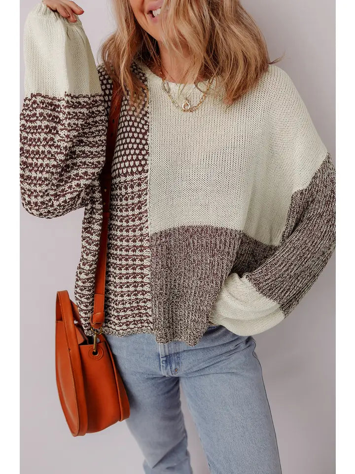 Color Block Back Tie Drop Shoulder Loose Sweater
