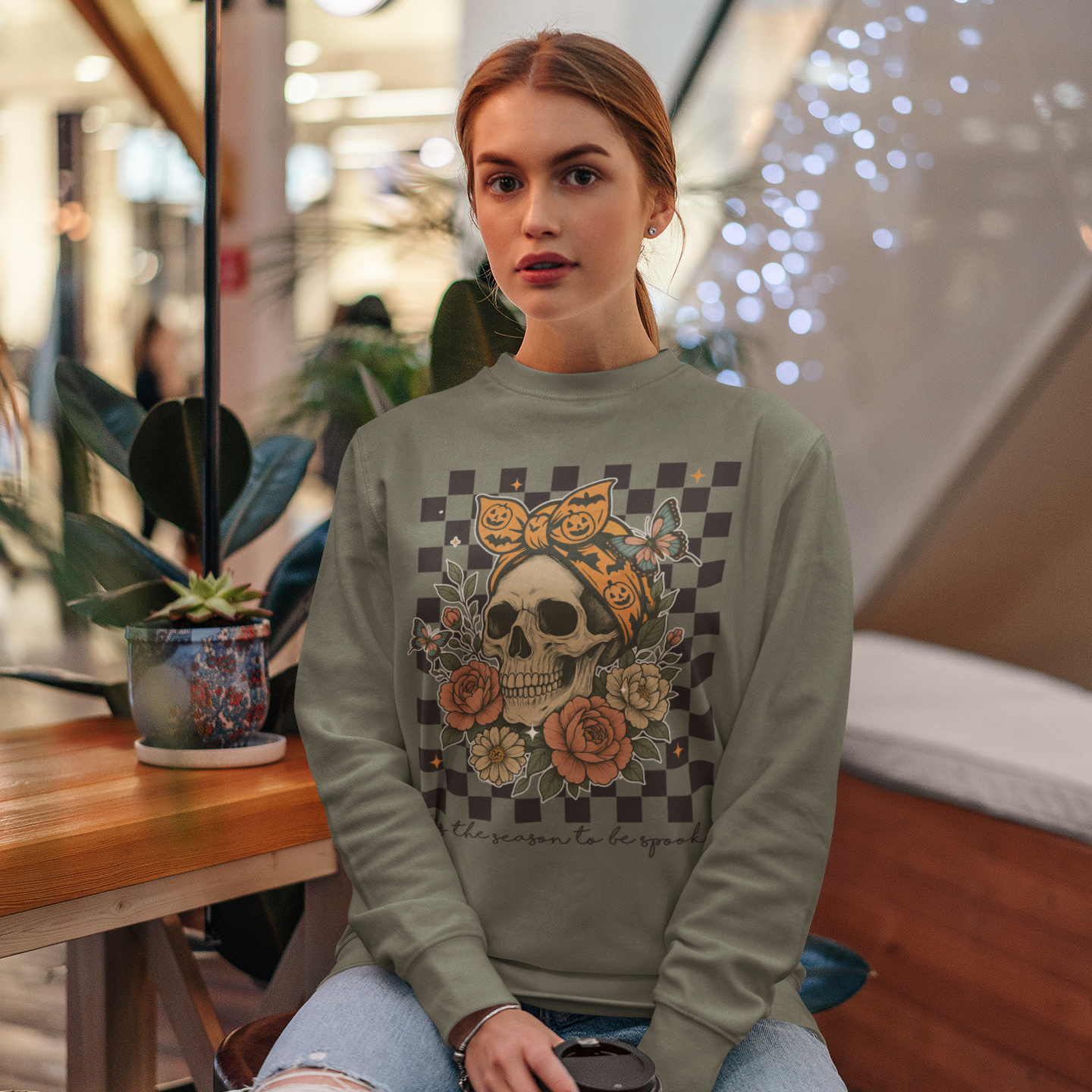 'Tis the Season to Be Spooky Graphic Sweatshirt Graphic Sweatshirt Tea Shirt Shoppe S Military Green