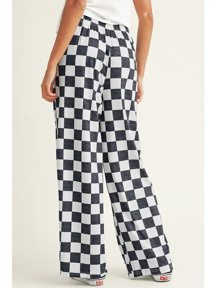 2-Tone Checked Print High Waist Wide Leg Pants