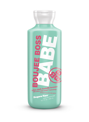 Bottle of Boujee Boss Babe tanning product on a white background