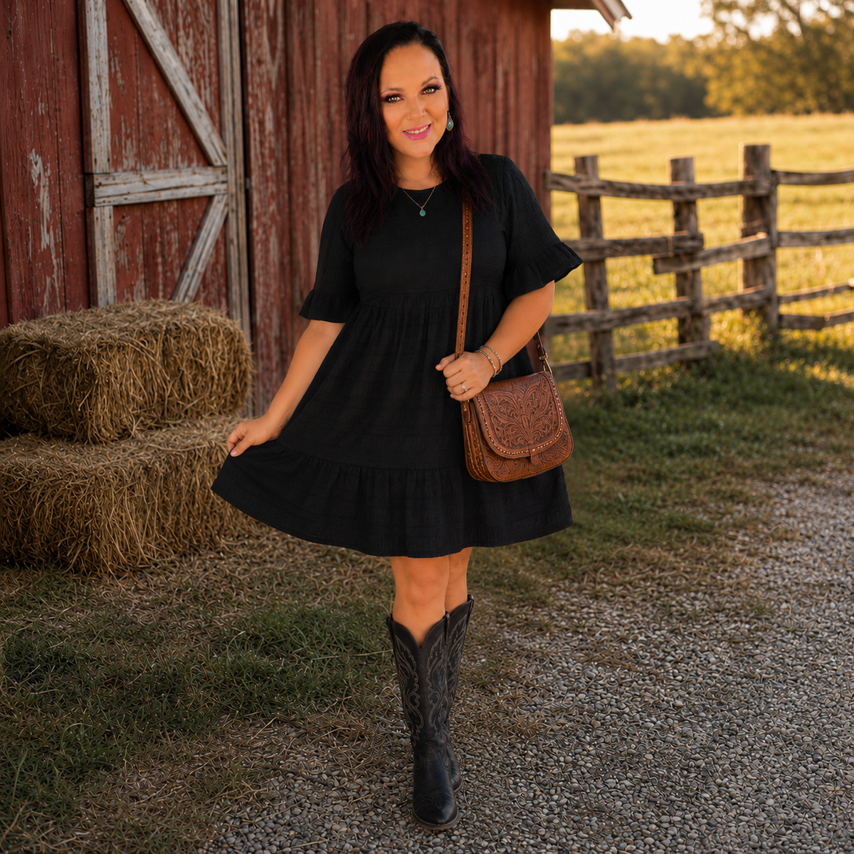BLack Textured Smocked Short Sleeve Tiered Midi Dress