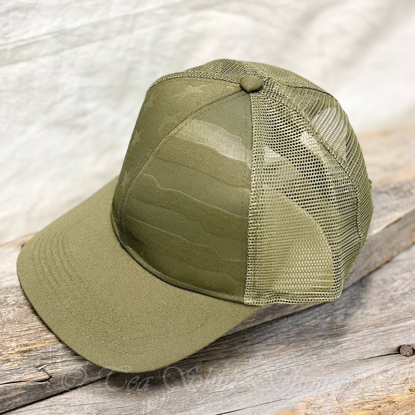 Hunter Green Debossed Stars and Stripes Mesh-Back Cap Hats Tea Shirt Shoppe