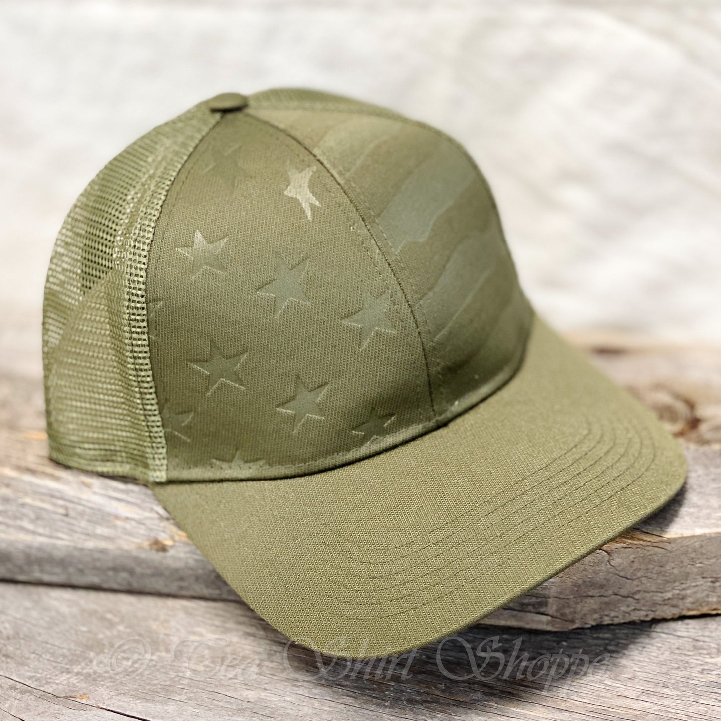 Hunter Green Debossed Stars and Stripes Mesh-Back Cap Hats Tea Shirt Shoppe