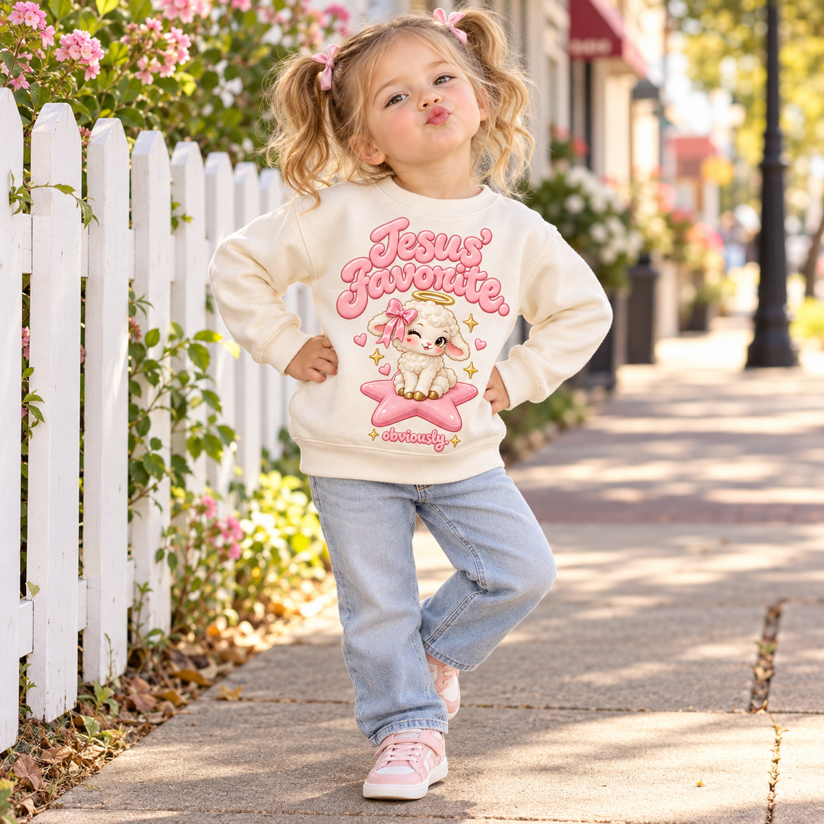 Toddler wearing Natural Jesus' Favorite Obviously lamb sweatshirt