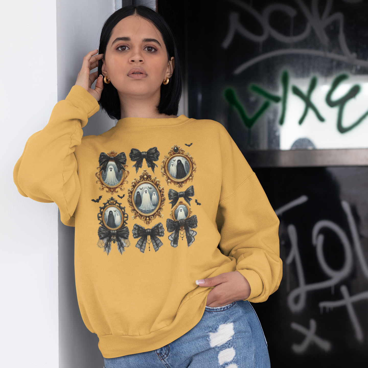 Haunted Portraits Graphic Sweatshirt Graphic Sweatshirt Tea Shirt Shoppe S Gold