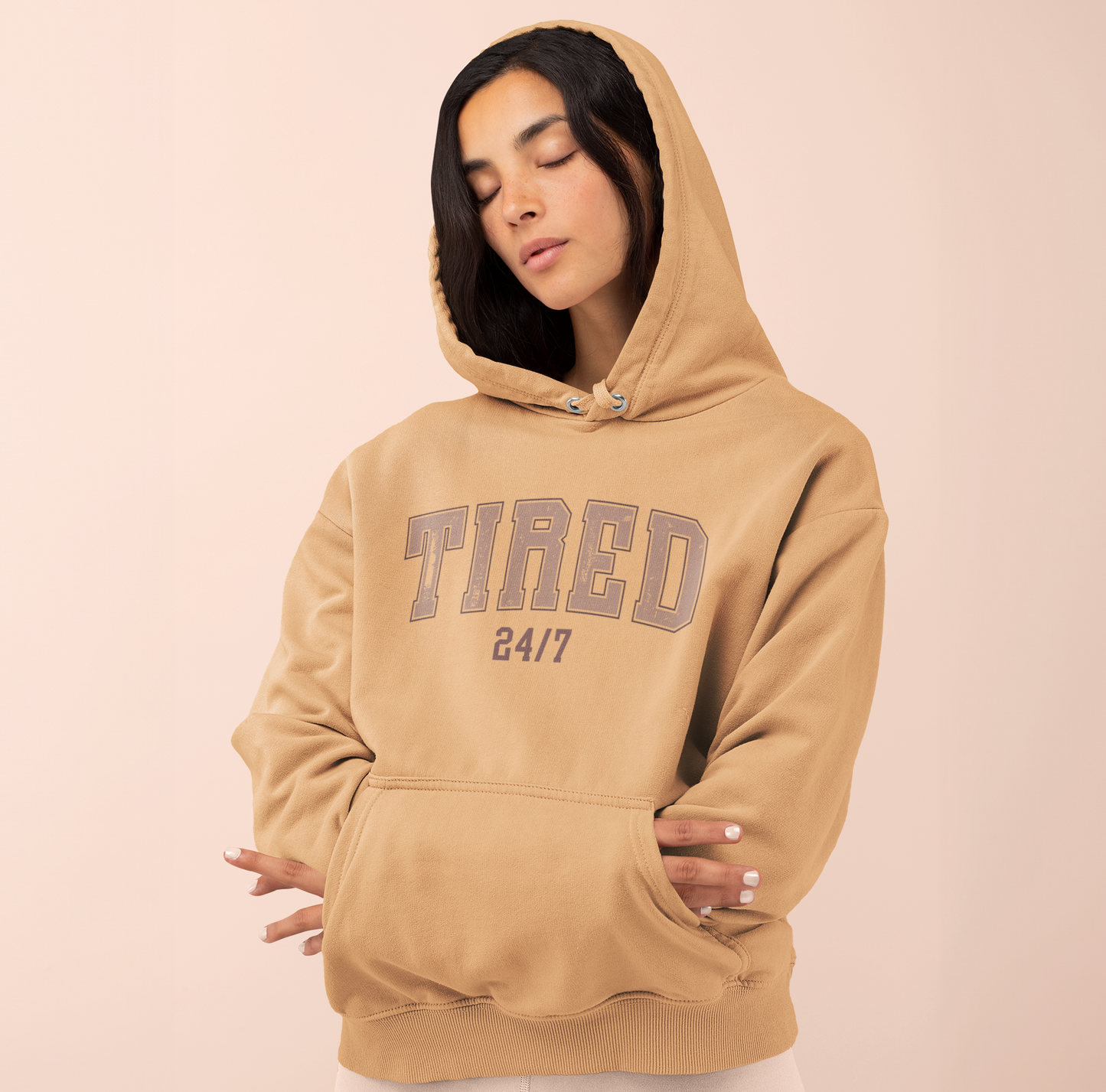 Tired 24/7 Graphic Hoodie Sweatshirt Tea Shirt Shoppe Small Old Gold