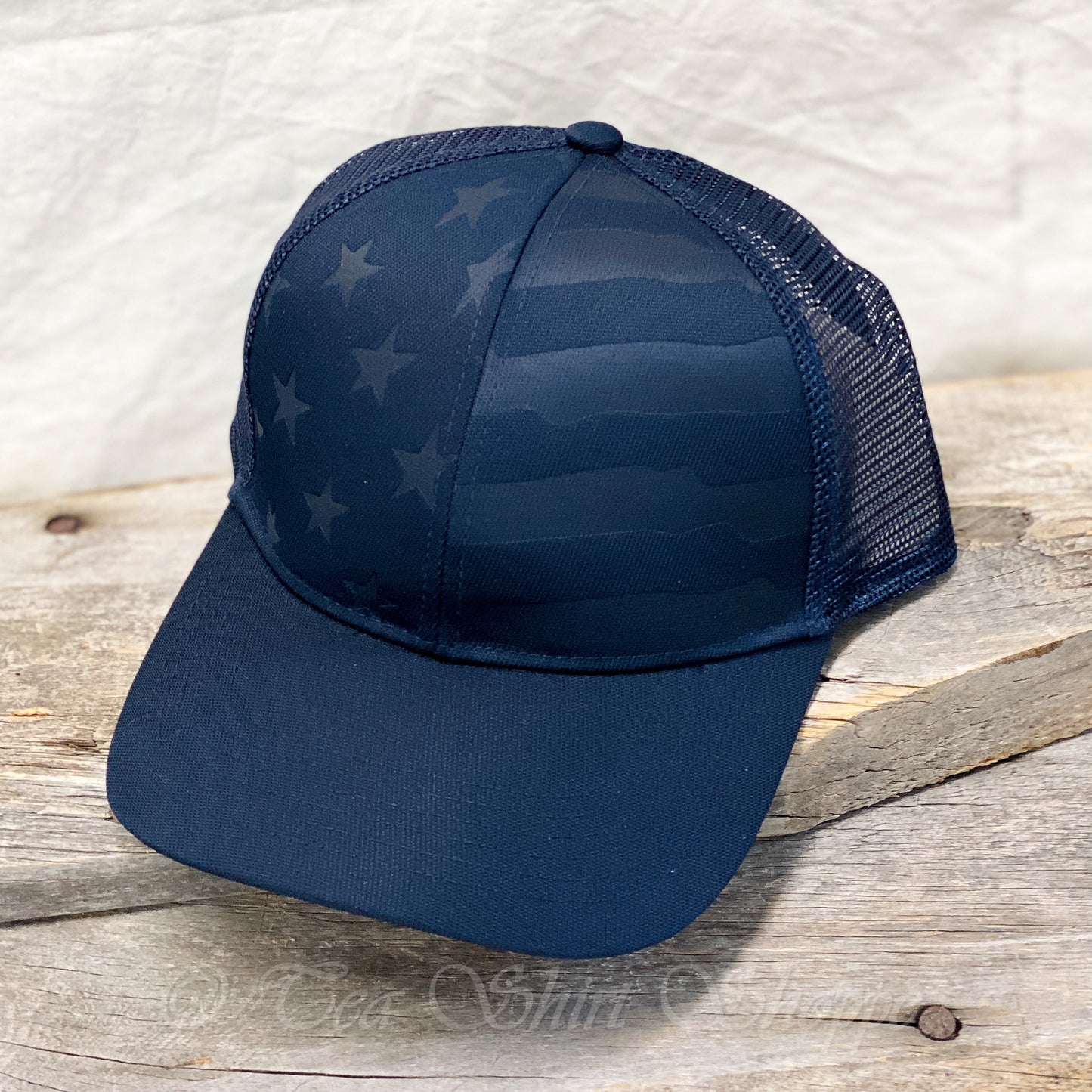 Navy Debossed Stars and Stripes Mesh-Back Cap Hats Tea Shirt Shoppe