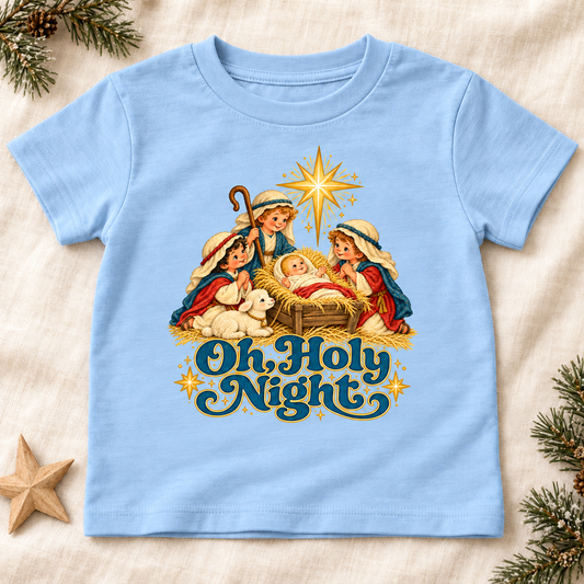 Oh, Holy Night nativity toddler tee in Light Blue Christmas flatlay