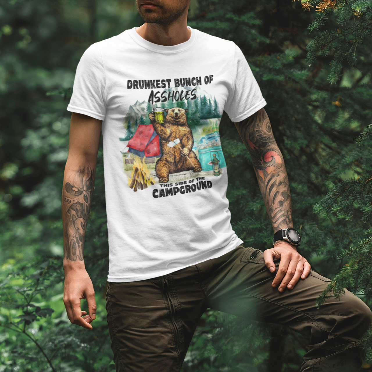 Drunkest Bunch at the Campground Hot Peel Custom Full Color Ready For Press DTF Print Transfer, Direct To Film Tea-Shirt Shoppe