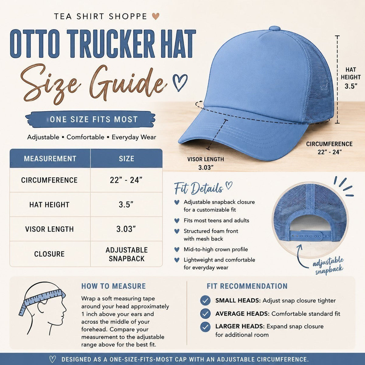 Tea Shirt Shoppe blue trucker hat with mesh back, high crown, and adjustable snap closure. One size fits most.