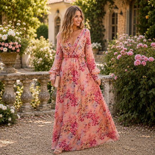 Tea-Shirt Shoppe floral print long sleeve maxi dress with V-neck and elastic waist worn by a woman in a garden.