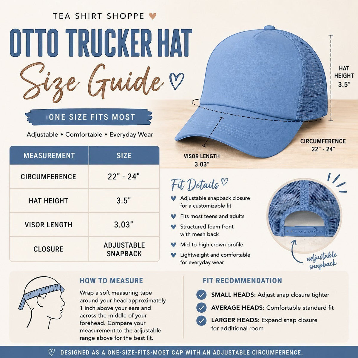 Tea Shirt Shoppe light blue trucker hat with "Oh Honey, I am That Mom" text, mesh back, and adjustable snap closure.