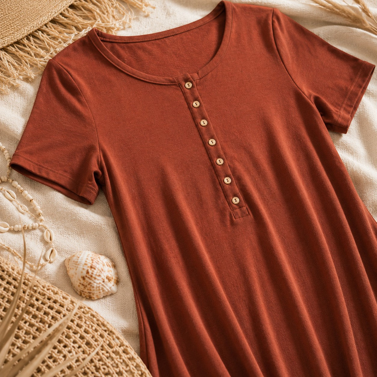 Tea-Shirt Shoppe rust-colored short sleeve button-front dress with a crew neckline in a soft, casual fabric.
