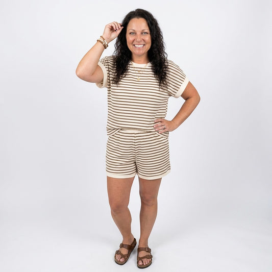 Tea-Shirt Shoppe women's beige and brown striped short sleeve top and shorts lounge set made of ribbed knit fabric.