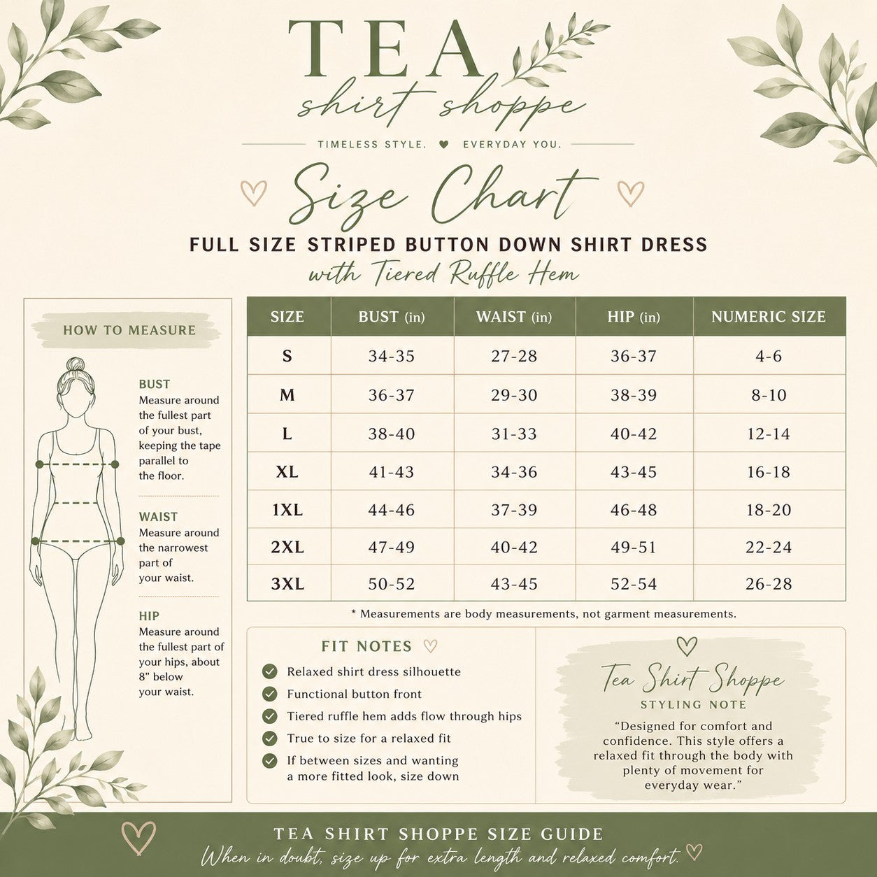Tea-Shirt Shoppe size chart for the tiered button down shirt dress with measurement guide and fit notes.