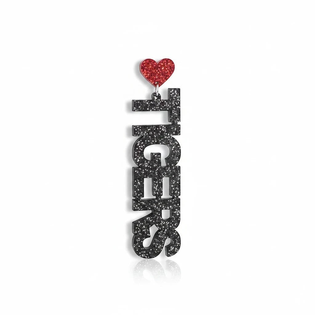 Tea-Shirt Shoppe I Love Tigers drop earrings featuring black glitter TIGERS text and a red glitter heart accent.