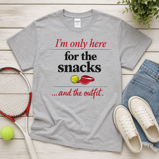 Tea Shirt Shoppe Wholesale grey tennis graphic tee with I'm only here for the snacks and the outfit text design.
