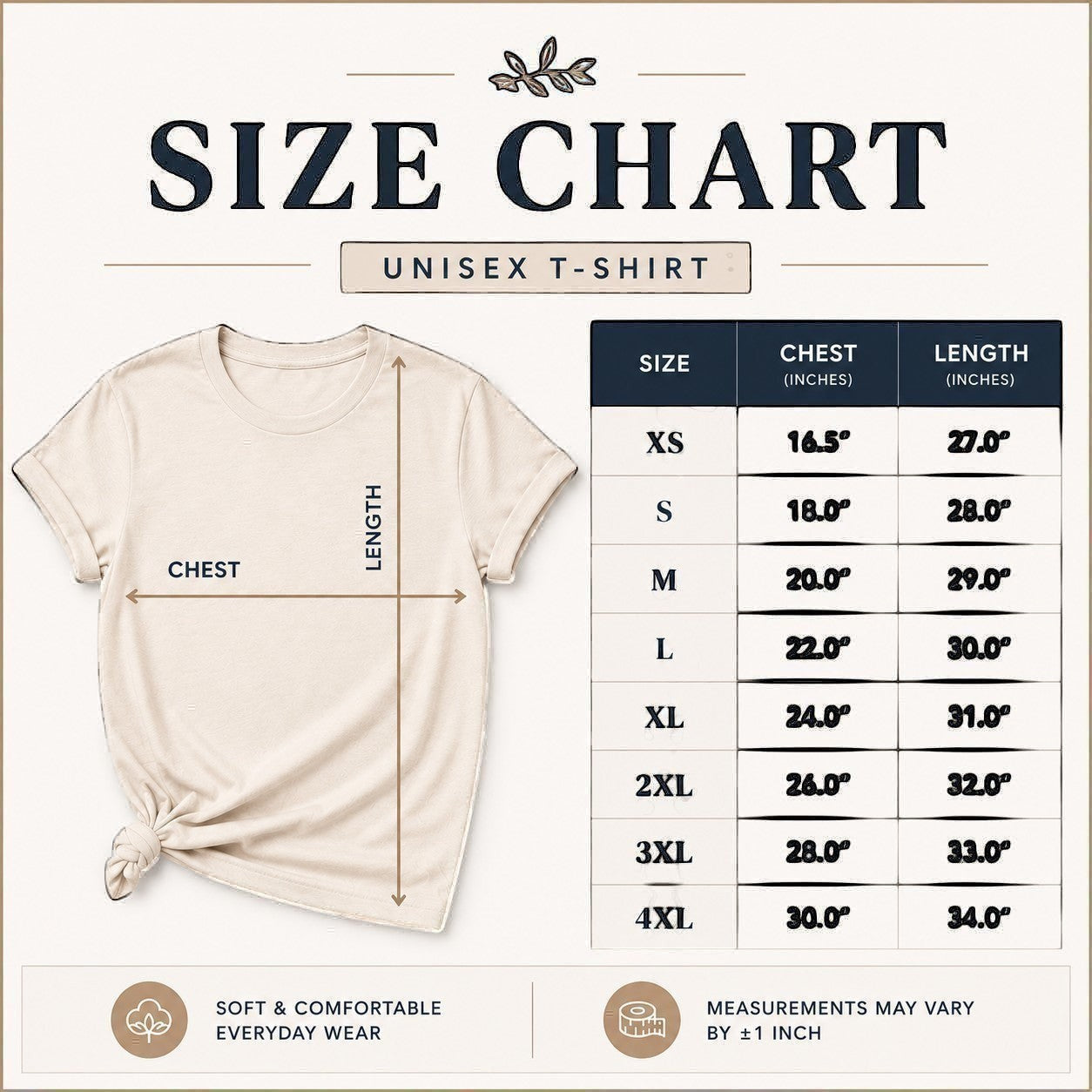 Tea Shirt Shoppe Wholesale Patriotic Dad graphic sweatshirt size chart with unisex t-shirt measurements.