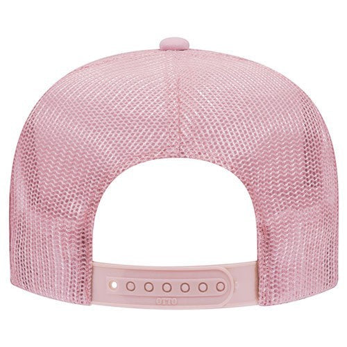 Tea Shirt Shoppe Wholesale pink mesh back trucker hat with adjustable snap closure and embroidered detail.