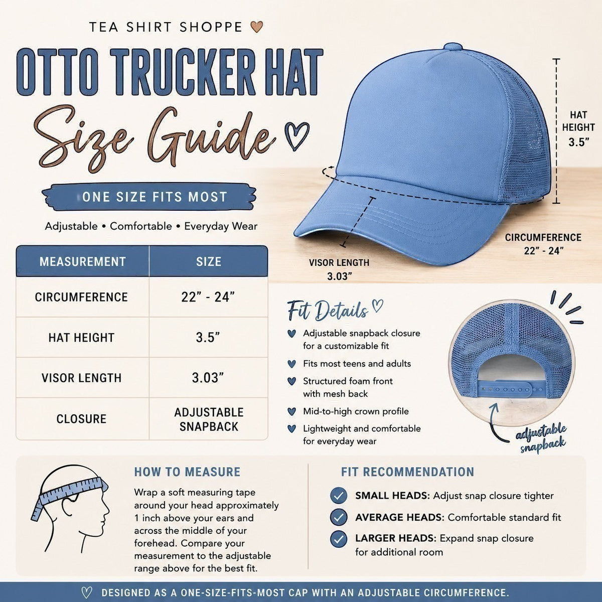 Tea Shirt Shoppe Wholesale blue trucker hat size guide with foam front, mesh back, and adjustable snapback closure.