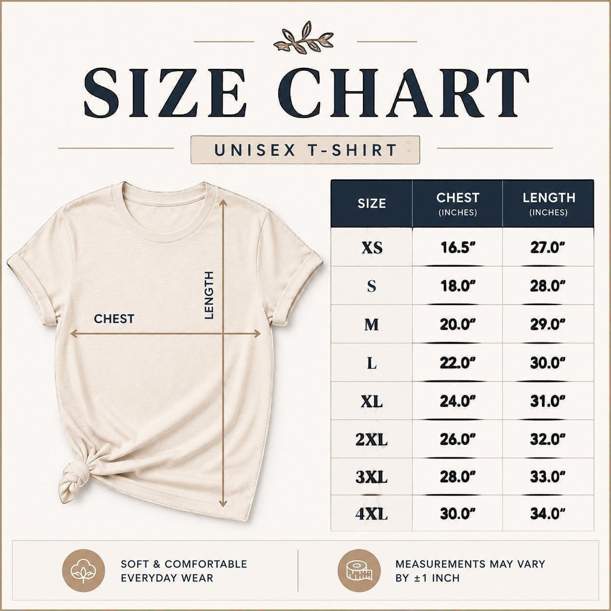 Tea Shirt Shoppe Wholesale unisex t-shirt size chart with chest and length measurements for sizes XS-4XL.
