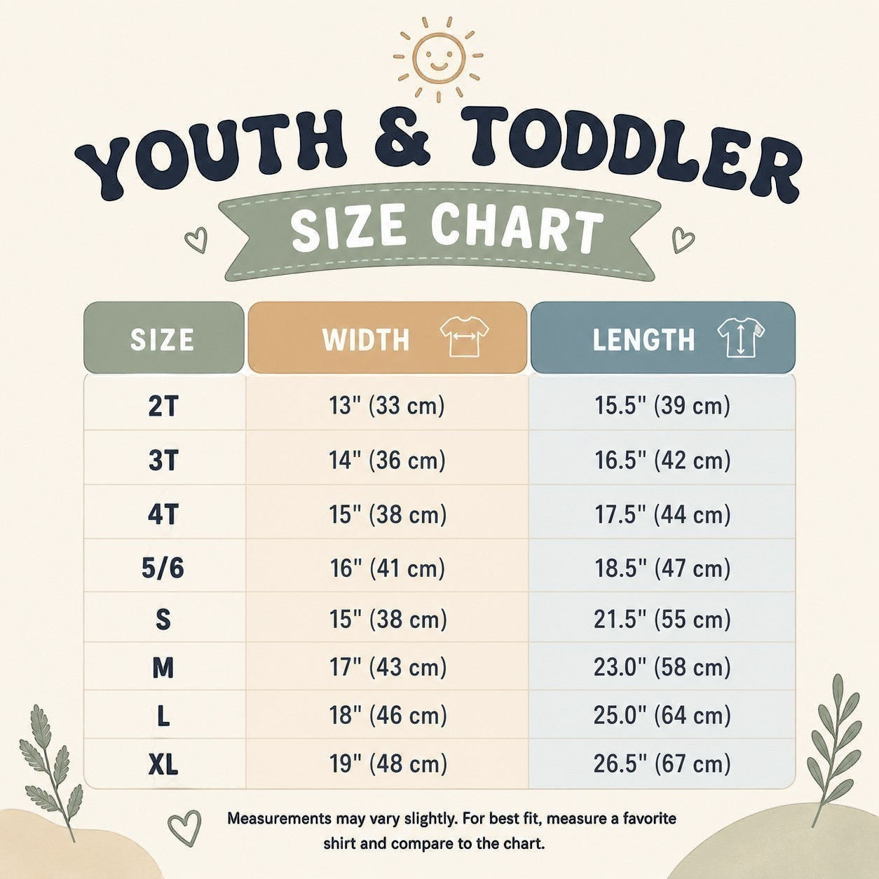 Tea Shirt Shoppe Wholesale Youth & Toddler size chart with width and length measurements for sizes 2T to XL.